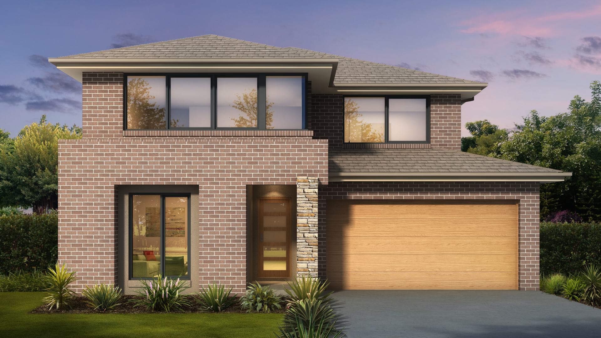 Modern two-story house with brown brick exterior, flat gray shingle roof, large windows, a wooden double garage door, glass-paneled front door, and small landscaped garden, set against a twilight sky.
