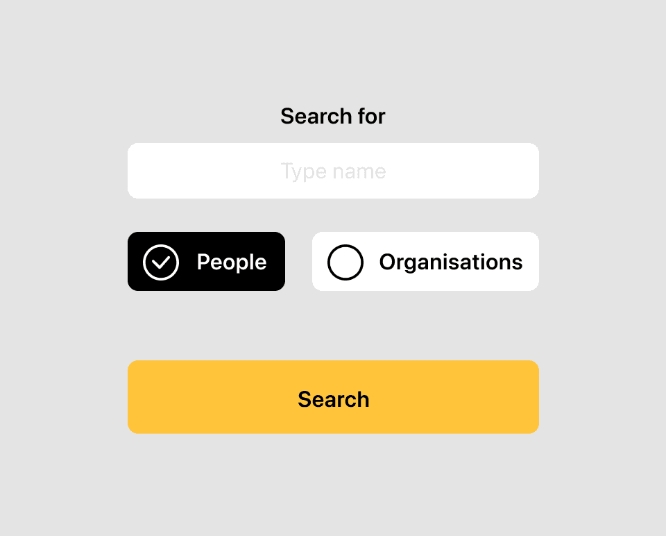 Illustration of a contact directory interface with a search bar, filters for people and organisations, and a search button.