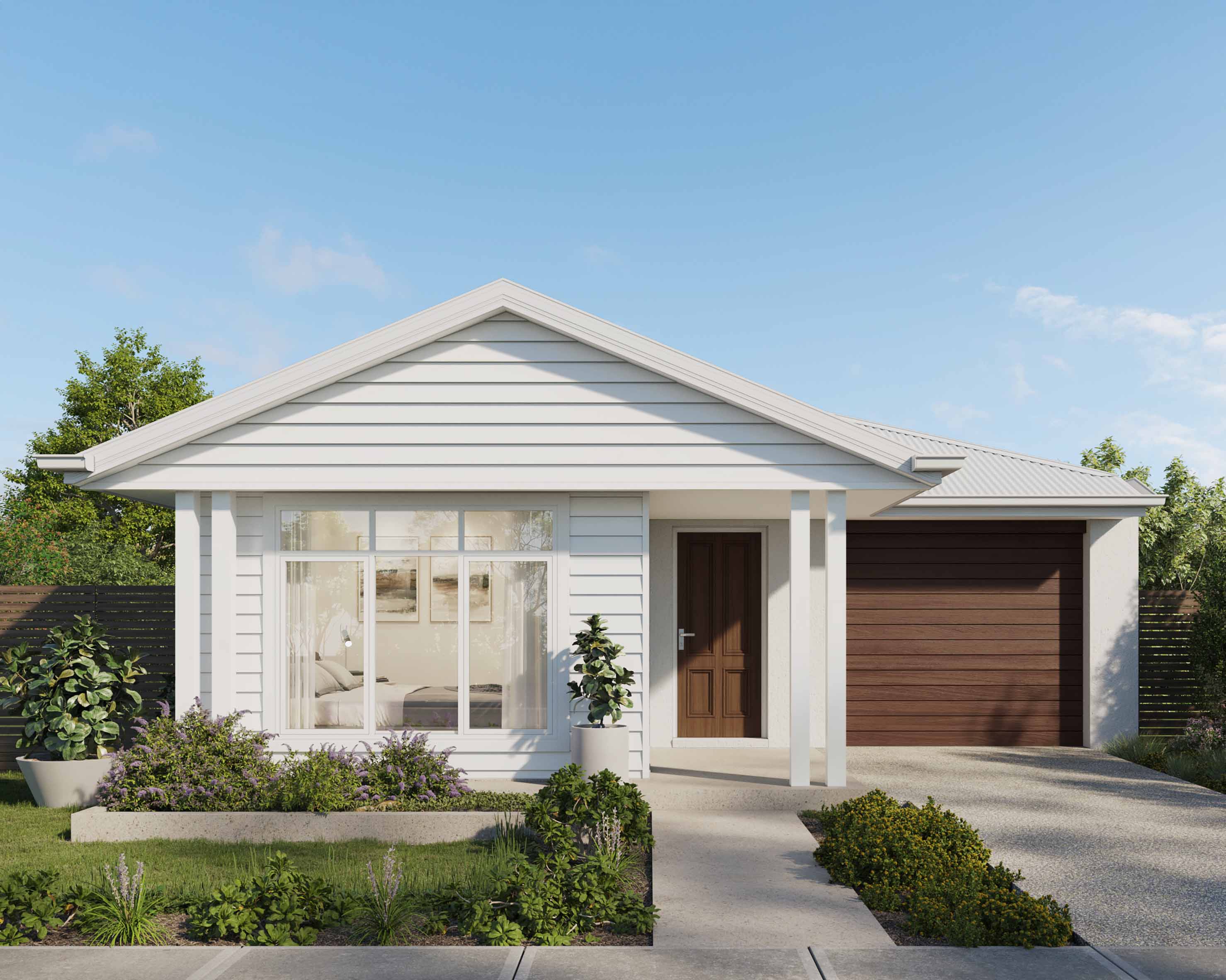 Single-story modern house with white horizontal siding, a brown wooden garage door, large front window, small porch, and landscaped garden beds, under a clear blue sky.