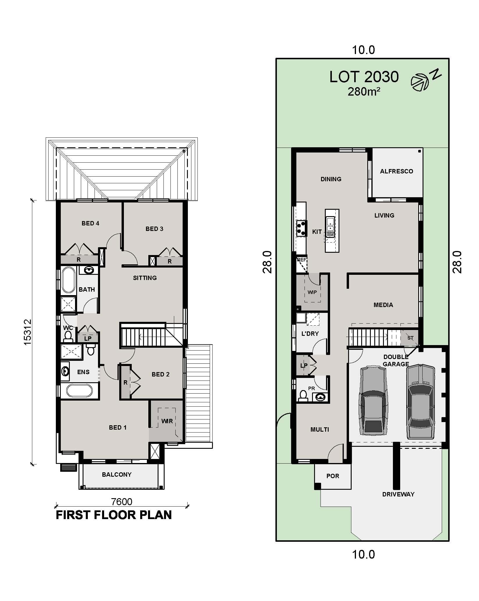 A two-story house floor plan showing four bedrooms, three bathrooms, a kitchen, dining and living areas, laundry, double garage, multi-purpose room, alfresco area, and a backyard on a 280m² lot.