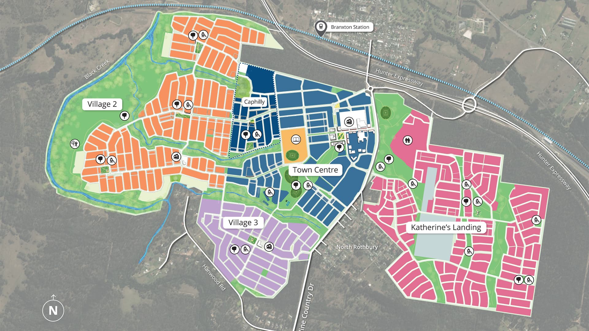 A colorful map shows a planned community with labeled areas: Town Centre (blue), Capilly (navy), Village 2 (green), Village 3 (purple), and Katherines Landing (pink), featuring streets and key landmarks.