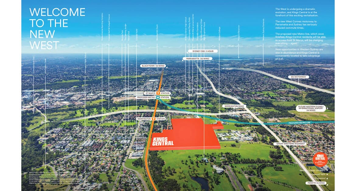 Aerial view of Kings Central estate in a suburban area, with key local landmarks labeled and highlighted, including parks, schools, hospitals, and roads, set against a blue sky and expansive green spaces.