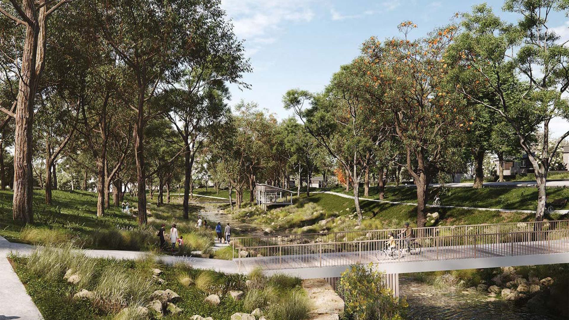 A peaceful park scene with a walking path, a small bridge over a creek, and people strolling or relaxing among tall trees and green grass under a blue sky.