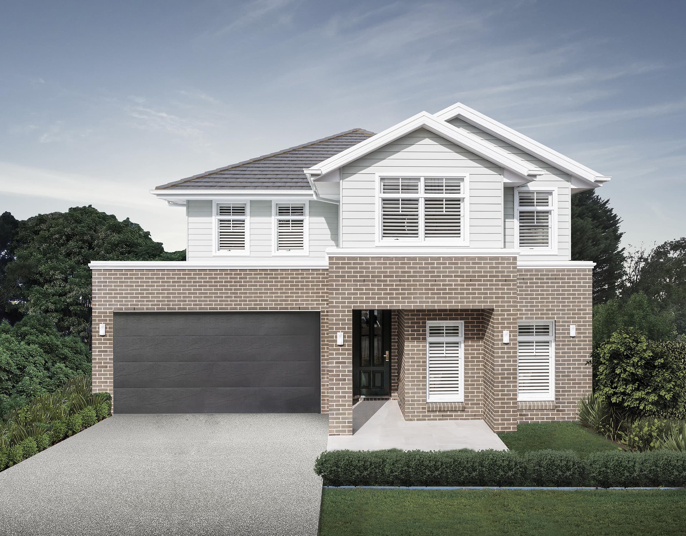 A modern two-story house with brick and light siding exterior, large black double garage doors, white-framed windows with shutters, and a landscaped front yard with grass and shrubs.