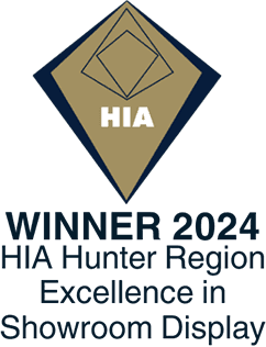 Diamond-shaped HIA award logo with WINNER 2024 HIA Hunter Region Excellence in Showroom Display written below.