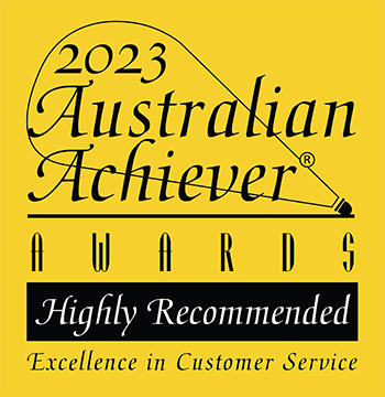 2023 Australian Achiever Awards logo with the text Highly Recommended and Excellence in Customer Service on a yellow background.