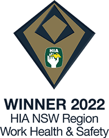 Award logo reading Winner 2022 HIA NSW Region Work Health & Safety with a diamond-shaped emblem and a hand holding a house inside a green shield.