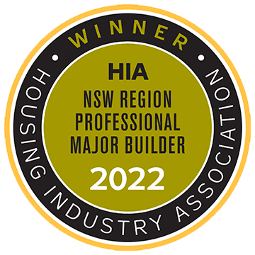 A circular badge reads Winner HIA NSW Region Professional Major Builder 2022 in gold and black with Housing Industry Association around the outer edge.