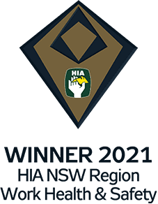 Award badge with geometric shapes, HIA logo featuring a hand holding a house, and text reading Winner 2021 HIA NSW Region Work Health & Safety underneath.