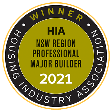 Round award badge reading WINNER HIA NSW Region Professional Major Builder 2021 in the center, with Housing Industry Association around the outer edge.
