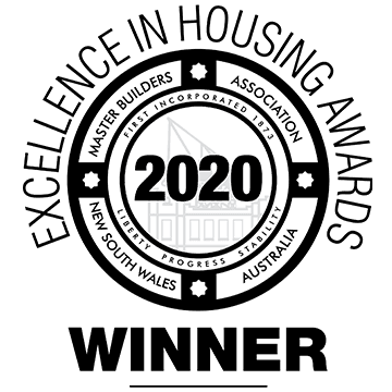 Black and white badge stating “Excellence in Housing Awards 2020 Winner,” with “Master Builders Association New South Wales Australia” around a central circle containing a house outline.