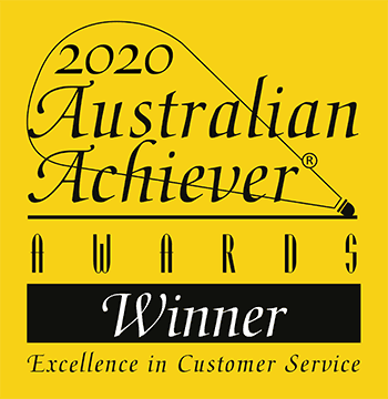 Yellow badge for the 2020 Australian Achiever Awards with text: Winner – Excellence in Customer Service in black and white font, featuring a pen graphic in the background.