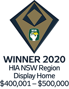Award badge with geometric shapes and a hand holding a house logo. Text reads: WINNER 2020 HIA NSW Region Display Home $400,001 – $500,000.