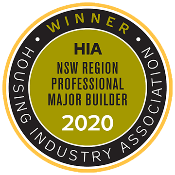 A circular gold and black badge reads WINNER HIA NSW Region Professional Major Builder 2020 and HOUSING INDUSTRY ASSOCIATION around the edge.