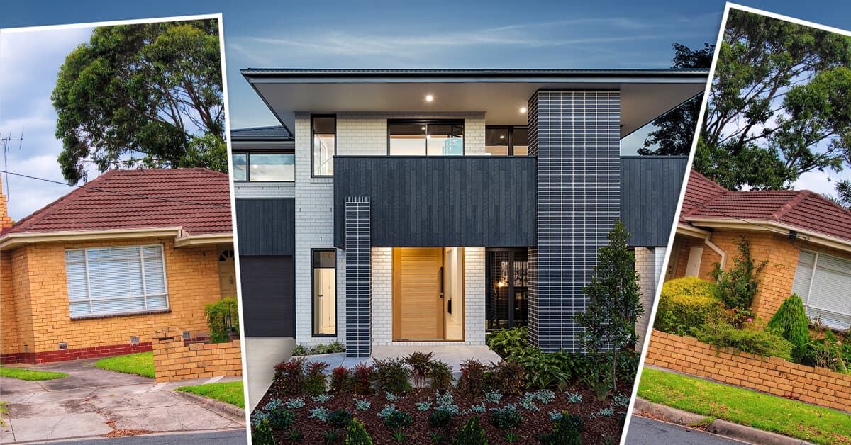Three houses are shown: two single-story brick houses with red roofs on the sides, and a modern two-story house with dark gray brick and siding in the center, surrounded by greenery and trees.