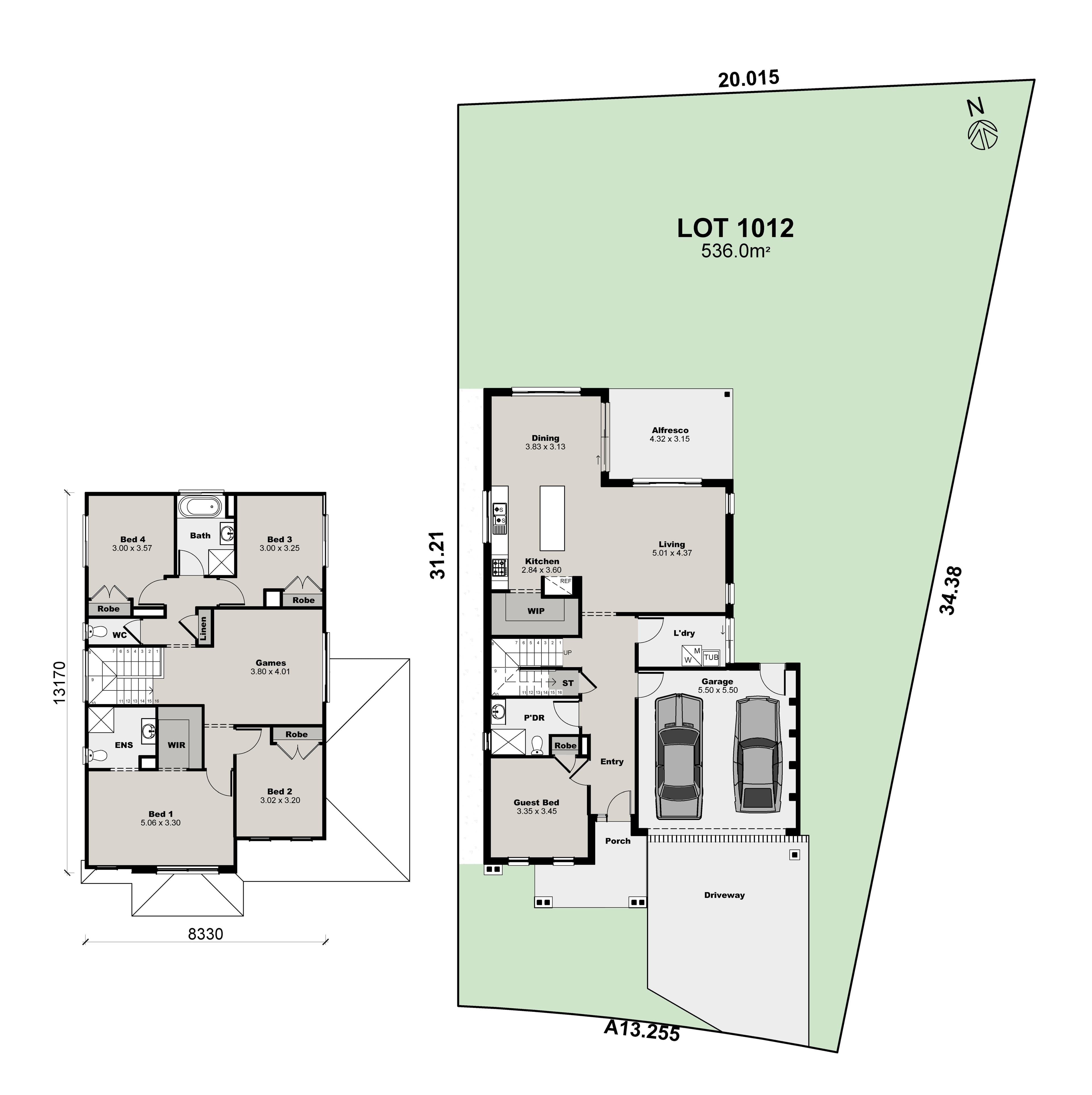 Floor plan of a single-story house on a lot, showing garage, four bedrooms, two bathrooms, living/dining/kitchen areas, alfresco, porch, laundry, driveway, and property dimensions with north orientation.
