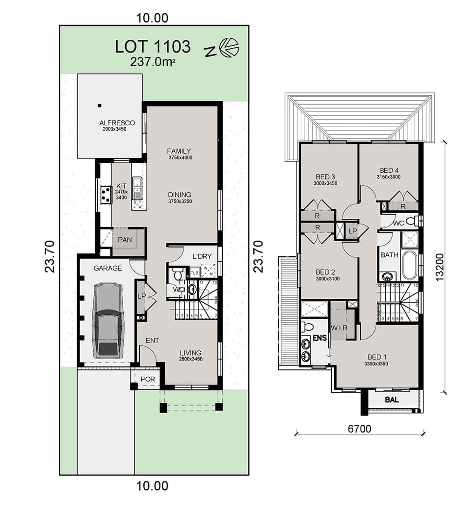 A two-story house floor plan shows a garage, living, dining, kitchen, family, laundry, pantry, alfresco area on the ground floor, and four bedrooms, two bathrooms, a WC, and a balcony on the upper floor. Dimensions are labeled.