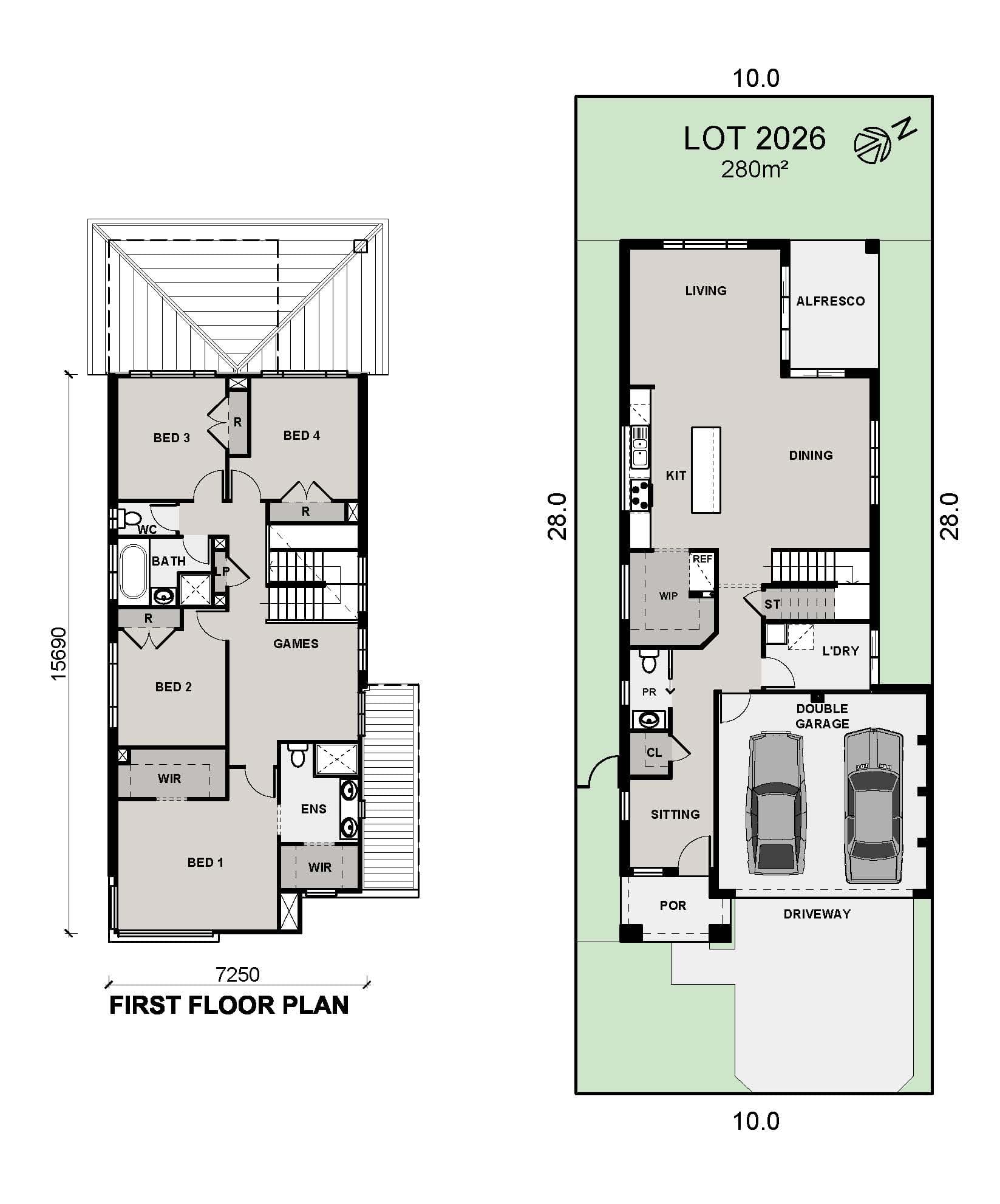 Two-story house floor plan showing four bedrooms, multiple bathrooms, a kitchen, dining, living, alfresco, home theatre, games room, laundry, study nook, double garage, entry, and driveway on a 280m² lot.