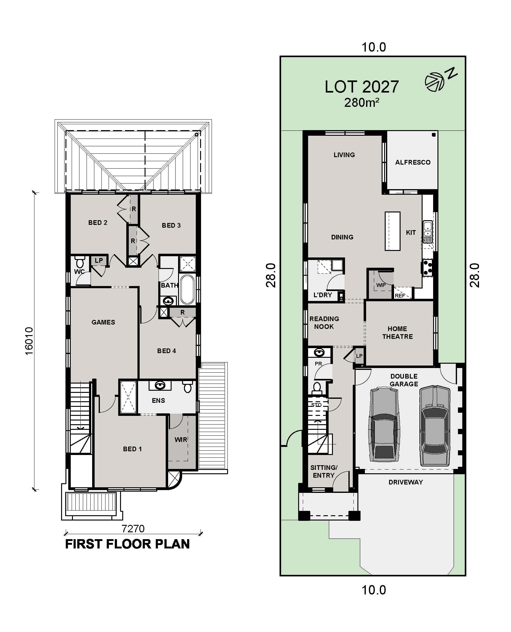 Modern two-story house with a mix of stone, brick, and white panel exterior, large windows, a double garage, and a small garden with shrubs and flowering plants in front.
