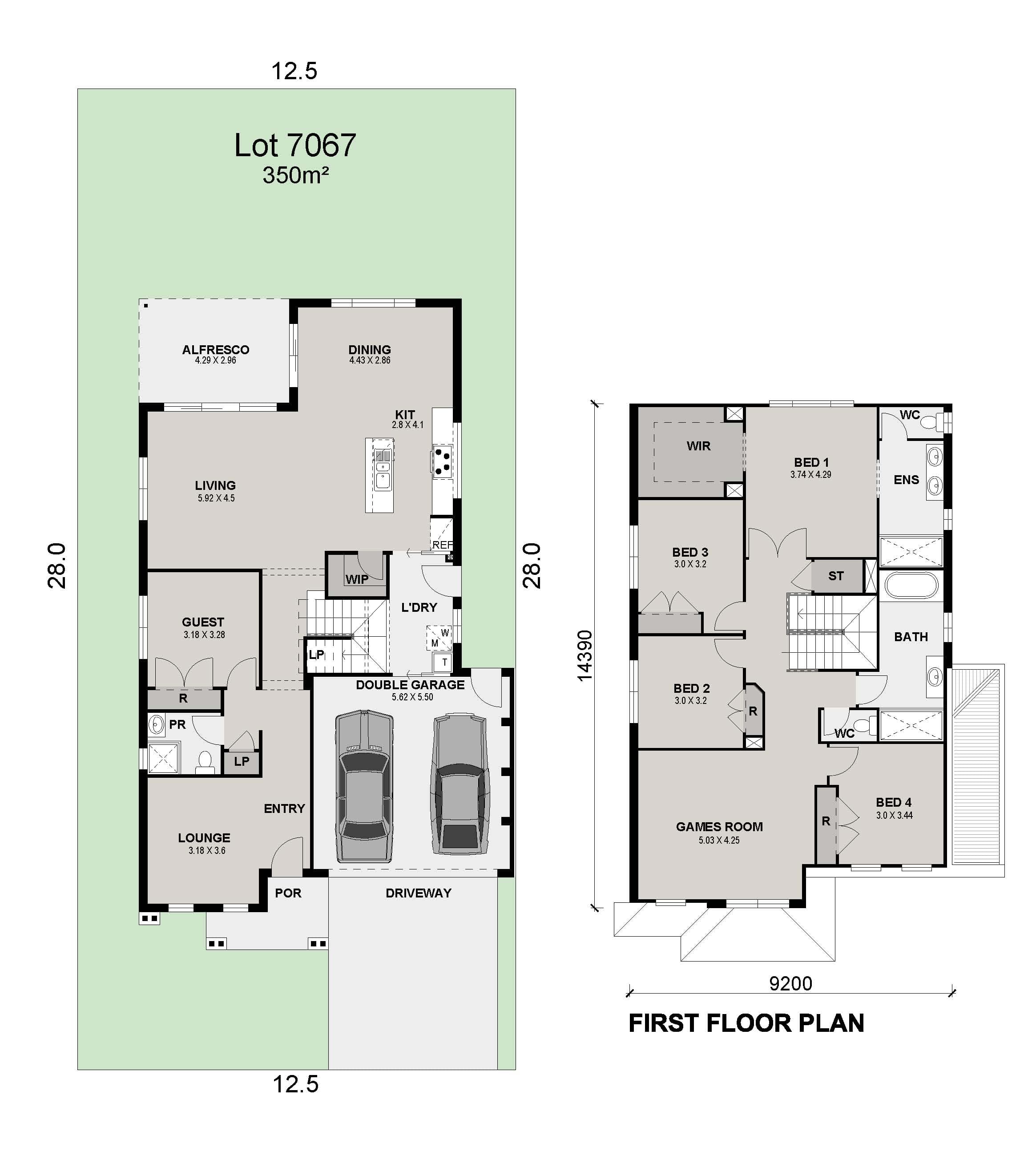 Architectural floor plan of a two-story house. The ground floor shows a garage, lounge, guest room, living/dining areas, kitchen, laundry, alfresco, and patio. The first floor has 4 bedrooms, 2 bathrooms, and a games room.