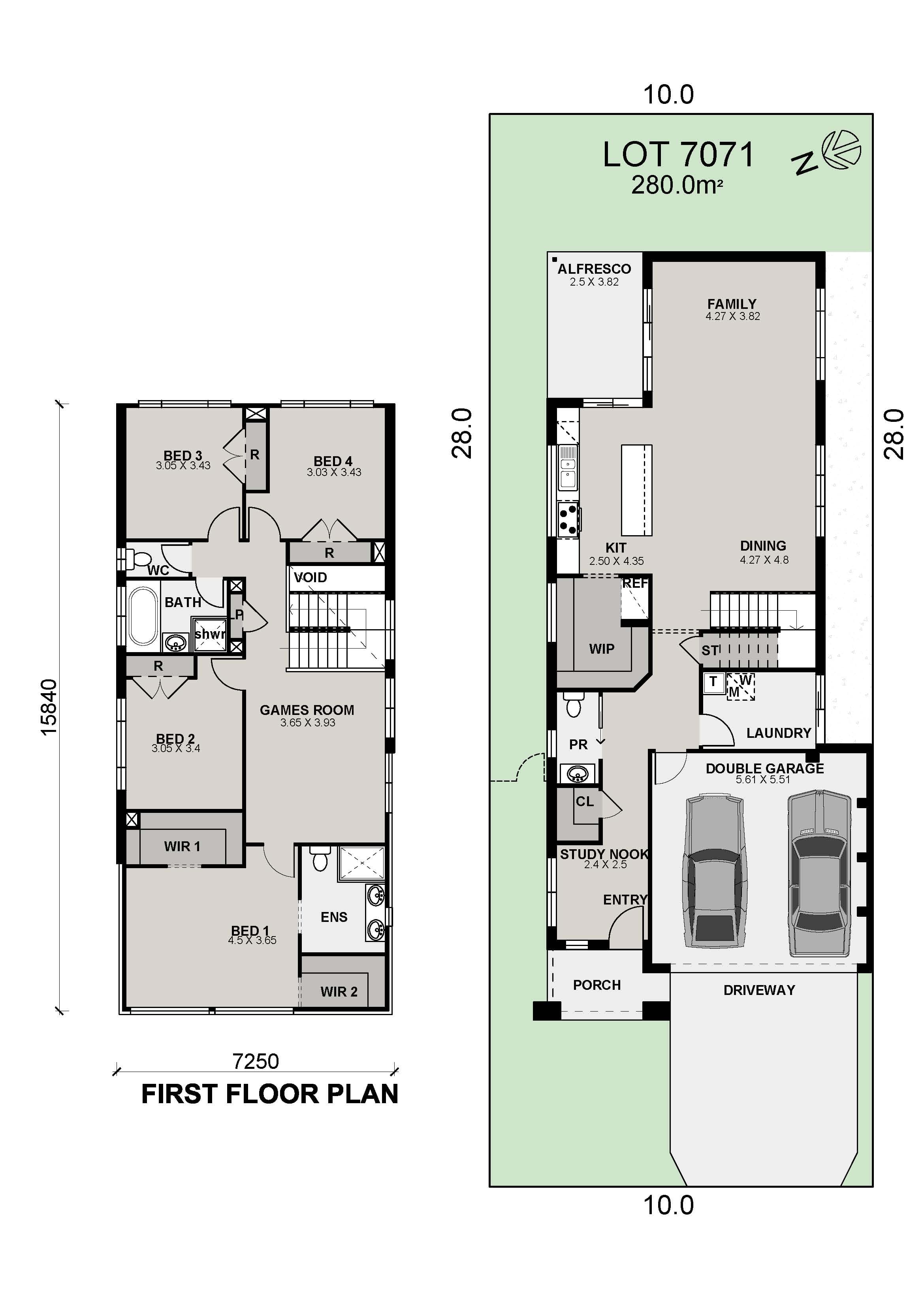 House floor plan with two levels: ground floor has living, dining, kitchen, alfresco, laundry, sitting area, double garage; first floor has four bedrooms, games room, bathroom, and ensuite. Lot size is 280m².