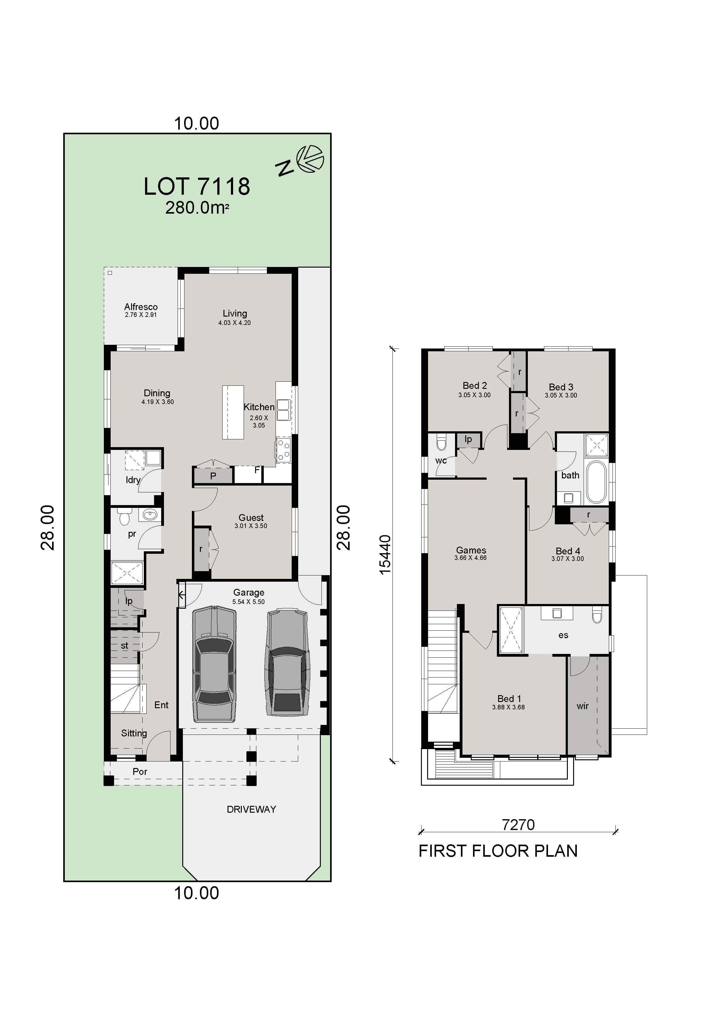 Architectural floor plan of a two-story house. The ground floor has a garage, study, laundry, bathroom, kitchen, dining, living area, and alfresco. The first floor has four bedrooms, two bathrooms, and a games room.