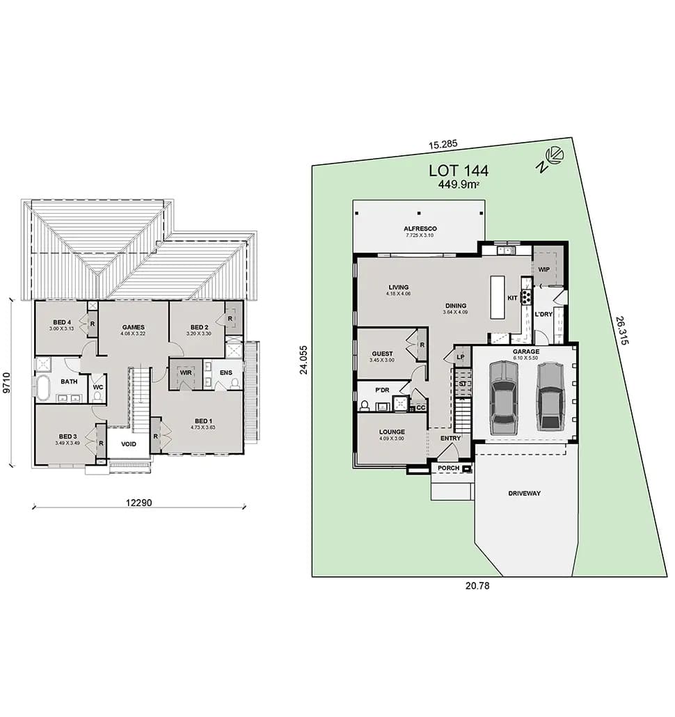 Two floor plans: a detailed home layout with four bedrooms, multiple living areas, kitchen, bathrooms, garage, laundry, and outdoor alfresco; and a site plan showing the house orientation on Lot 144 with garden and driveway.