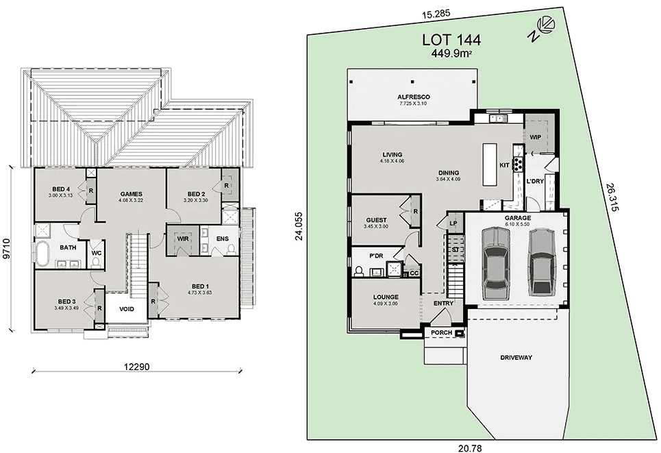 Two floor plans: a detailed home layout with four bedrooms, multiple living areas, kitchen, bathrooms, garage, laundry, and outdoor alfresco; and a site plan showing the house orientation on Lot 144 with garden and driveway.