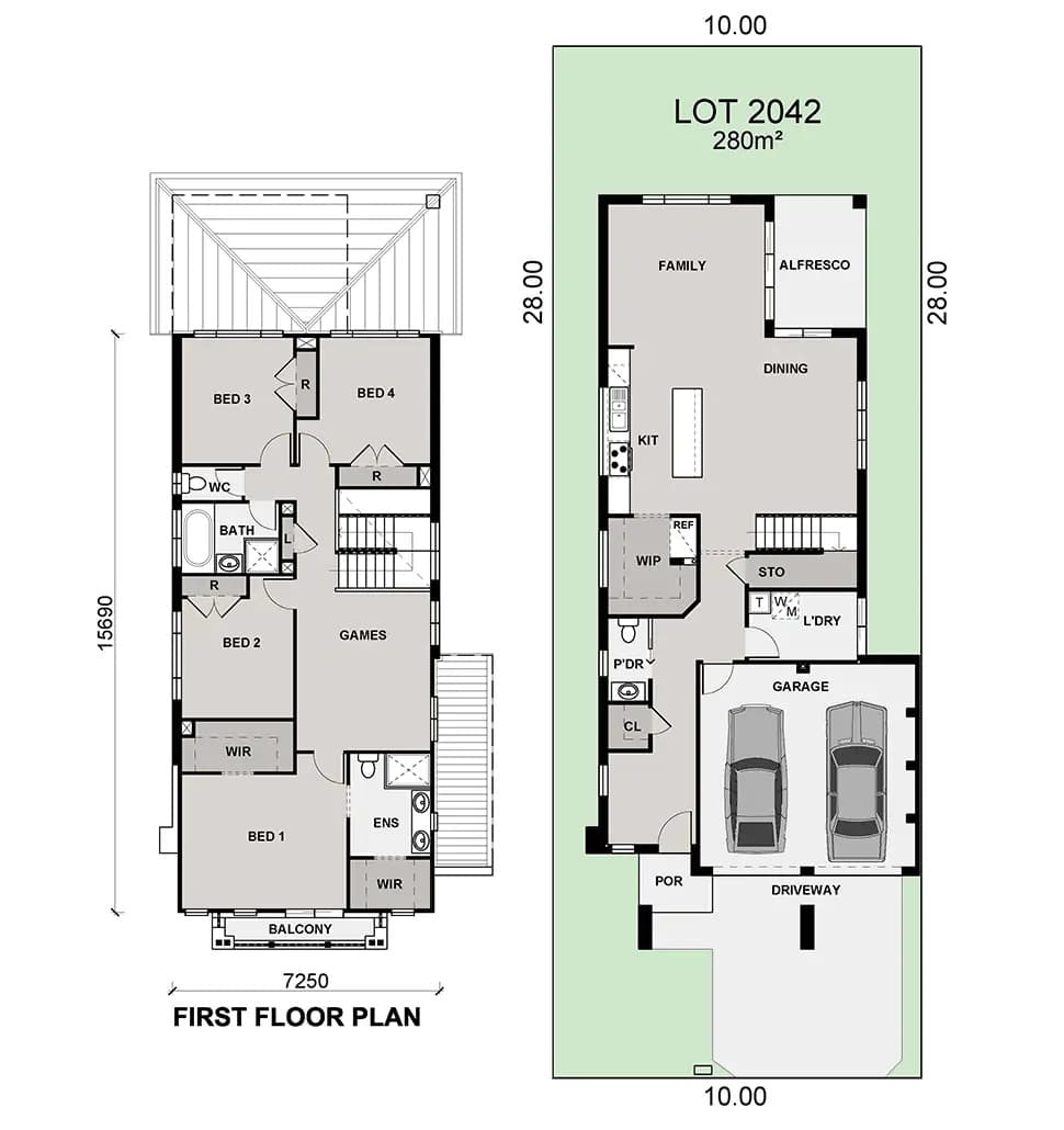 Architectural floor plan showing a two-story house with four bedrooms upstairs and living, dining, kitchen, alfresco, laundry, garage, and porch areas downstairs. Outdoor spaces include a driveway, gardens, and a balcony.