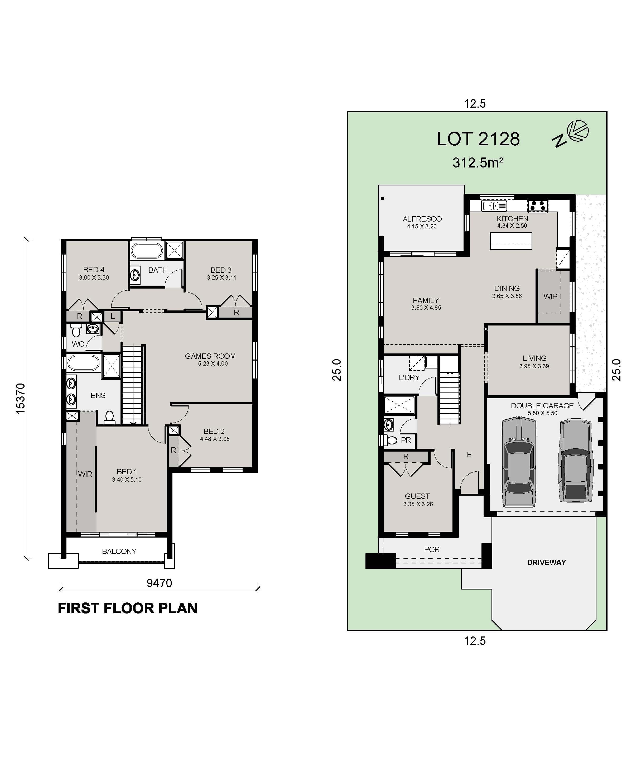 Architectural floor plans for a two-story house. The first floor shows five bedrooms, bathrooms, a game room, and a balcony. The ground floor features a garage, guest room, living areas, kitchen, and alfresco area on a 312.5m² lot.