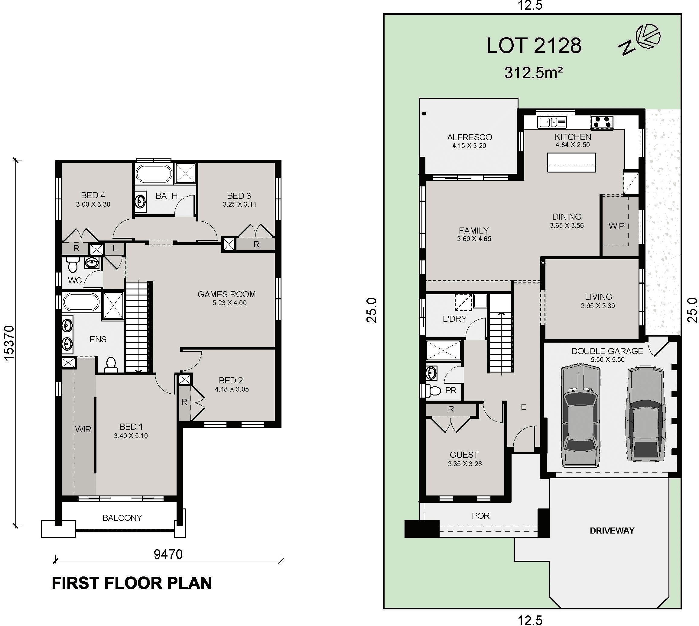 Architectural floor plans for a two-story house. The first floor shows five bedrooms, bathrooms, a game room, and a balcony. The ground floor features a garage, guest room, living areas, kitchen, and alfresco area on a 312.5m² lot.