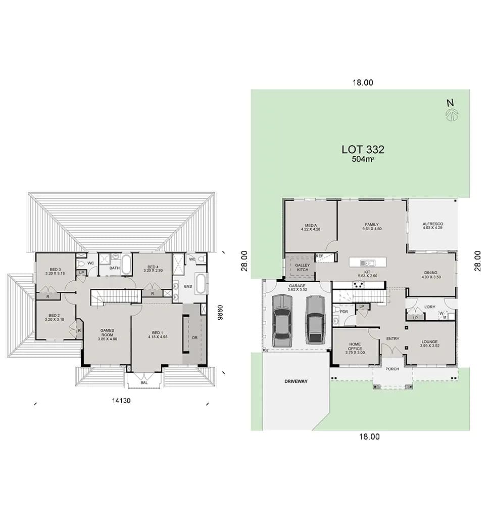 Architectural floor plan showing a single-story house with 4 bedrooms, 2 bathrooms, kitchen, living and dining areas, garage for 2 cars, laundry, alfresco, porch, and entryway. Site plan includes lot size and driveway.