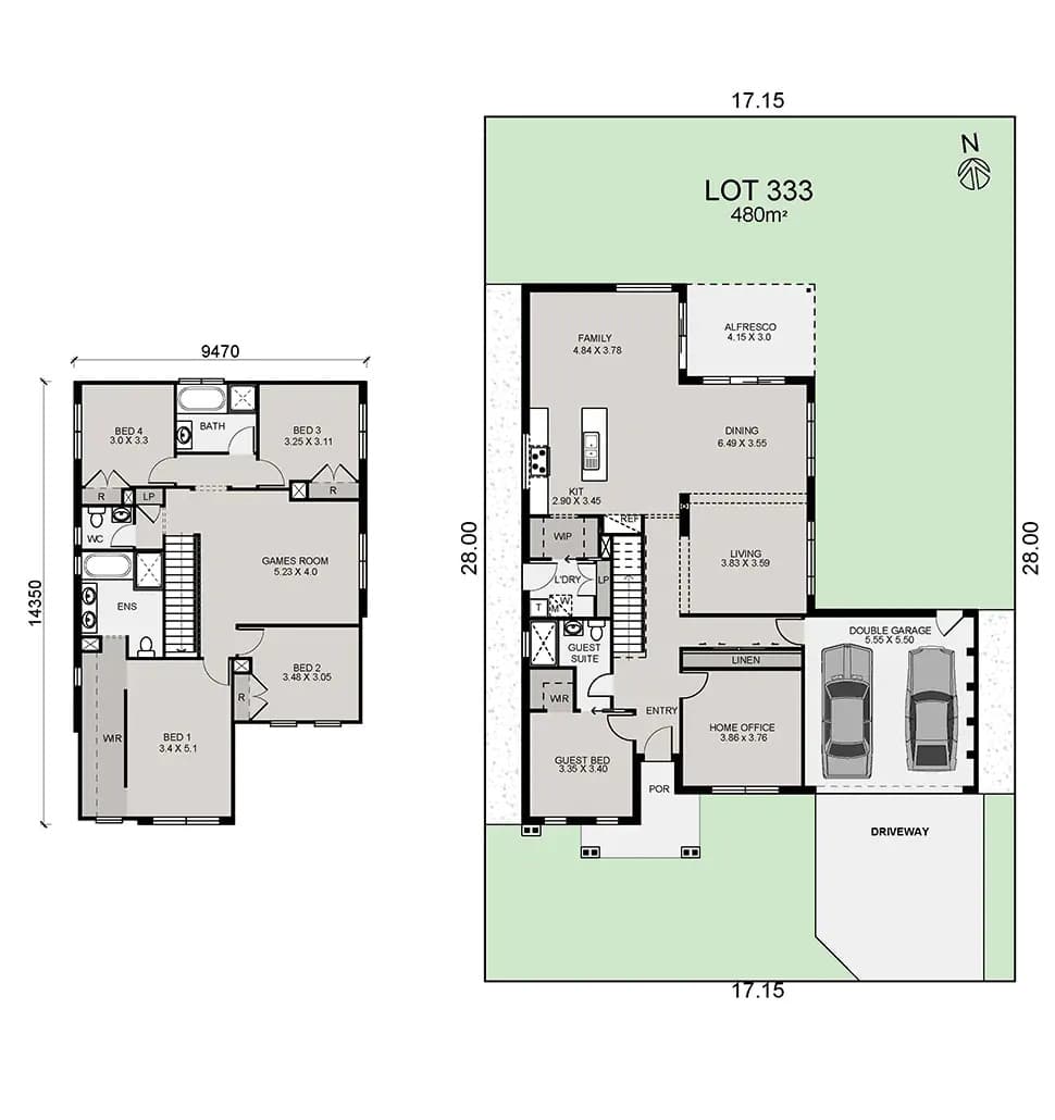 Two floor plans: one showing a detailed house layout with three bedrooms, two bathrooms, a kitchen, living spaces, and garage; the other shows the house on a lot with garden, driveway, and outdoor entertaining area.