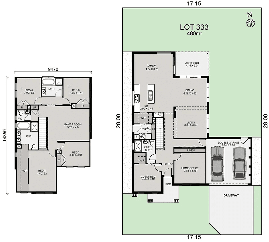 Two floor plans: one showing a detailed house layout with three bedrooms, two bathrooms, a kitchen, living spaces, and garage; the other shows the house on a lot with garden, driveway, and outdoor entertaining area.