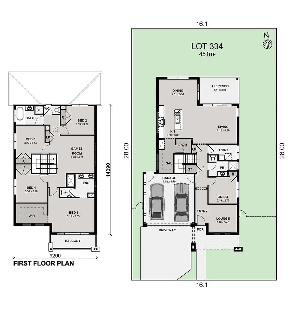 A two-story house floor plan showing ground and first floors. The ground floor has garage, entry, lounge, guest room, living, dining, alfresco, and kitchen. The first floor has four bedrooms, a games room, bathroom, and balcony.