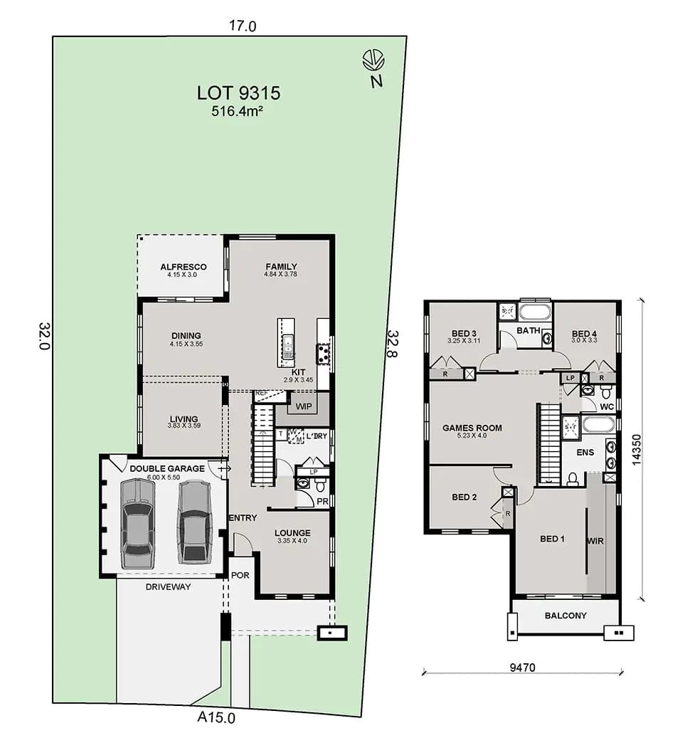 Floor plan of a two-story house with four bedrooms, multiple living areas, double g`