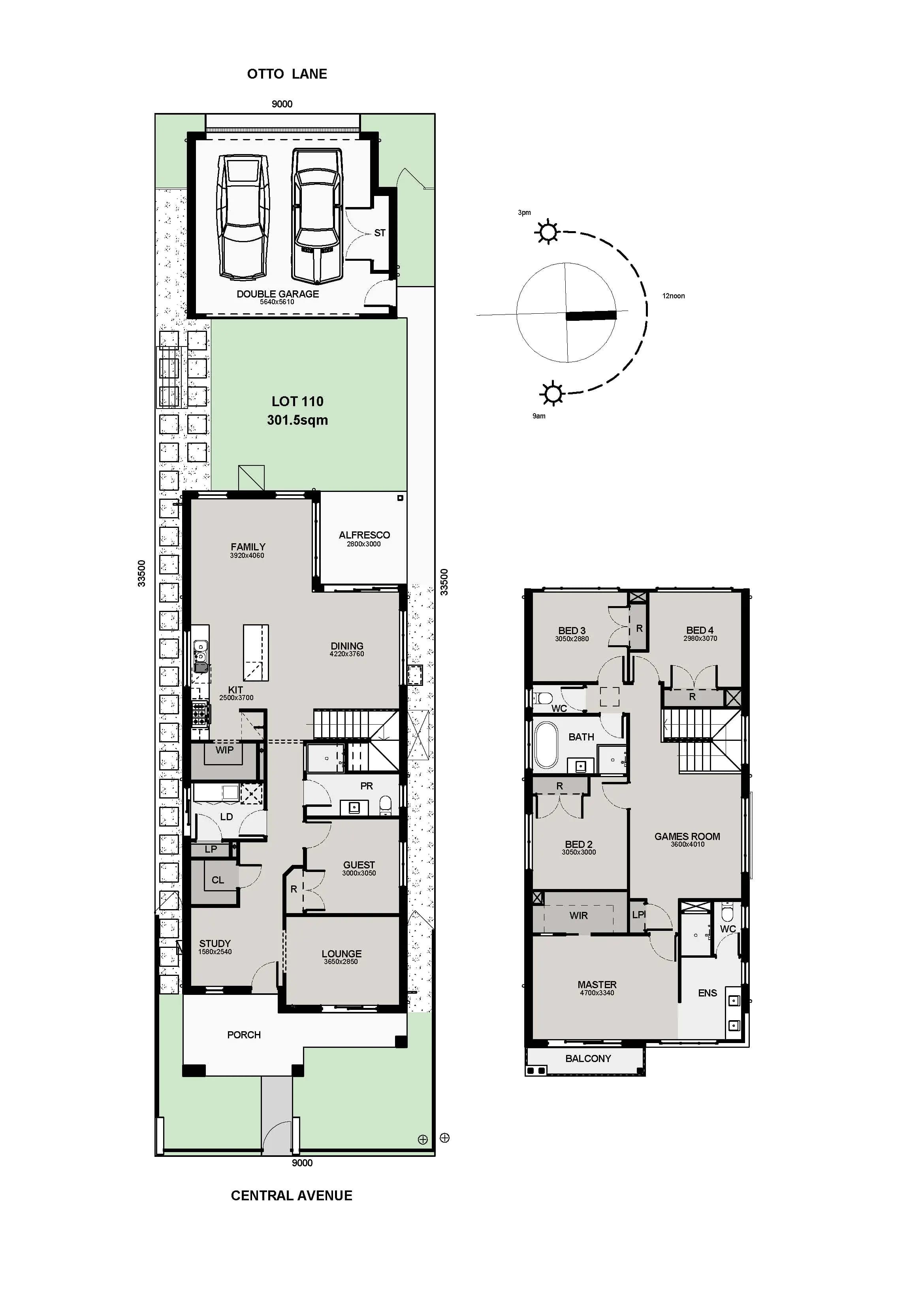 Architectural floor plan of a two-story house showing ground and upper floors, including garage, living areas, kitchen, bedrooms, bathrooms, study, alfresco, balcony, staircase, and garden areas, with labeled room dimensions and orientation.