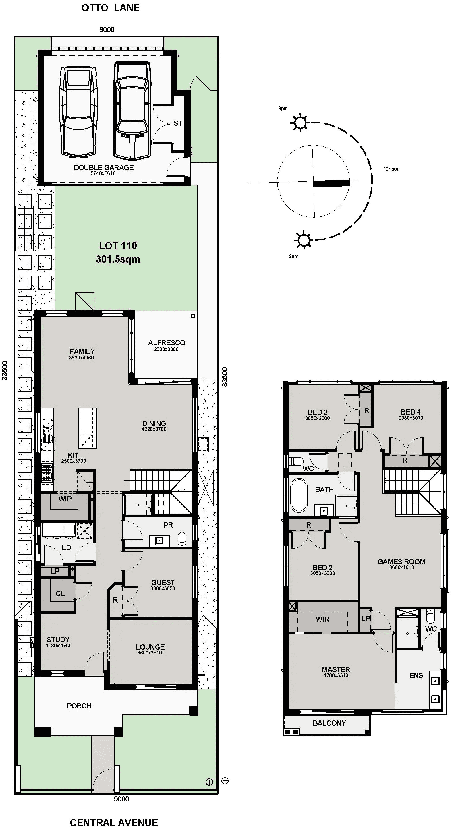 Architectural floor plan of a two-story house showing ground and upper floors, including garage, living areas, kitchen, bedrooms, bathrooms, study, alfresco, balcony, staircase, and garden areas, with labeled room dimensions and orientation.