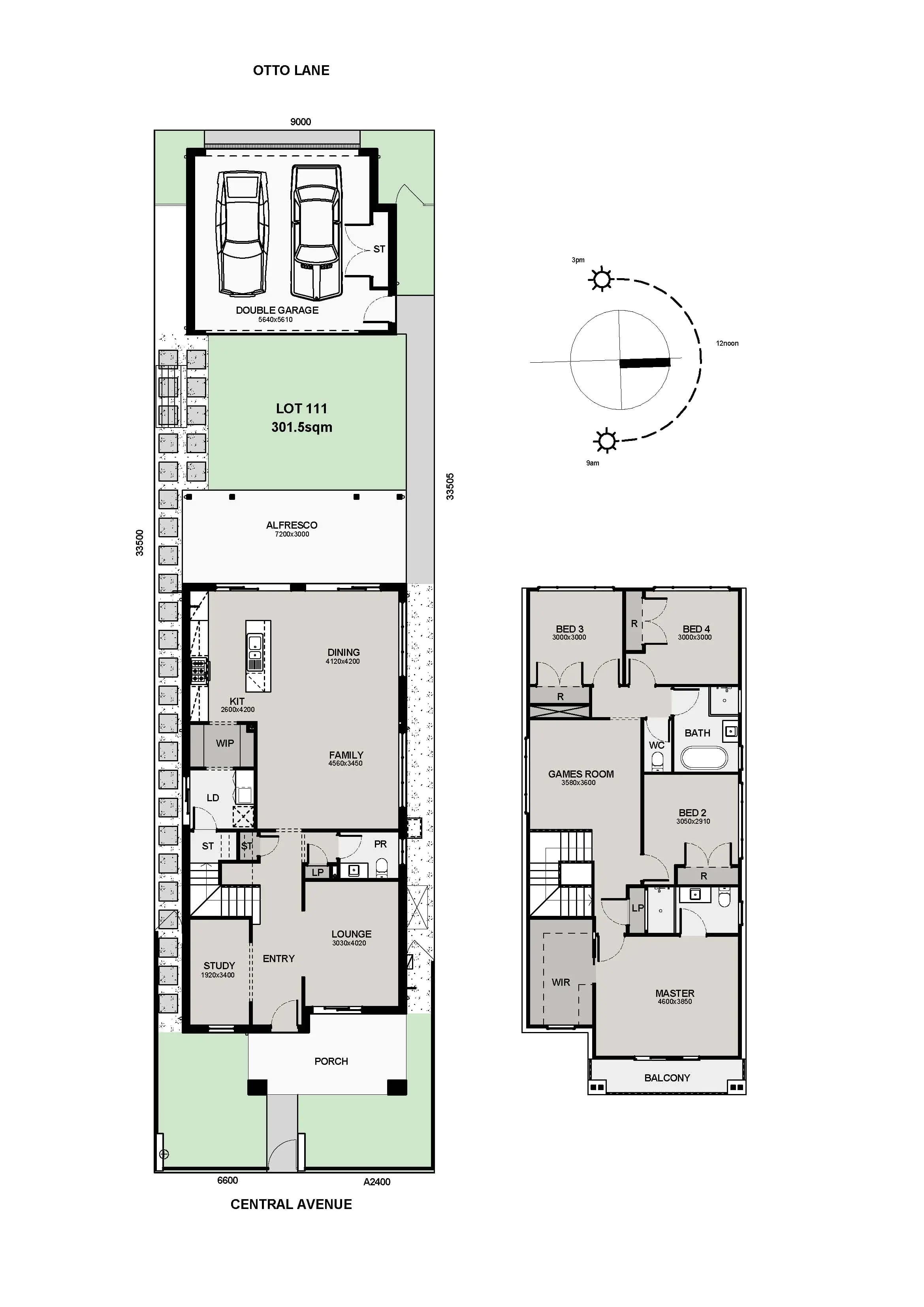 Black-and-white floor plan of a two-story house showing labeled rooms, garage, alfresco area, entry, kitchen, and living spaces on the ground floor, and bedrooms, bathrooms, games room, and balcony on the upper floor.