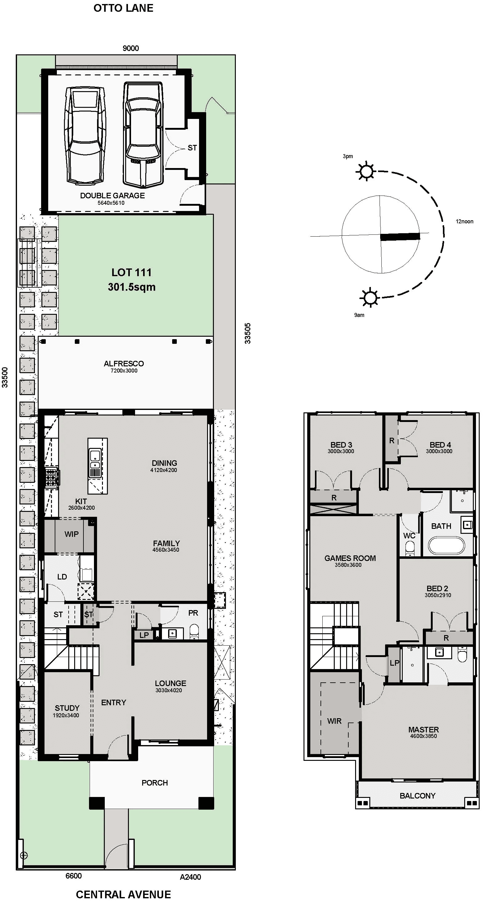 Black-and-white floor plan of a two-story house showing labeled rooms, garage, alfresco area, entry, kitchen, and living spaces on the ground floor, and bedrooms, bathrooms, games room, and balcony on the upper floor.