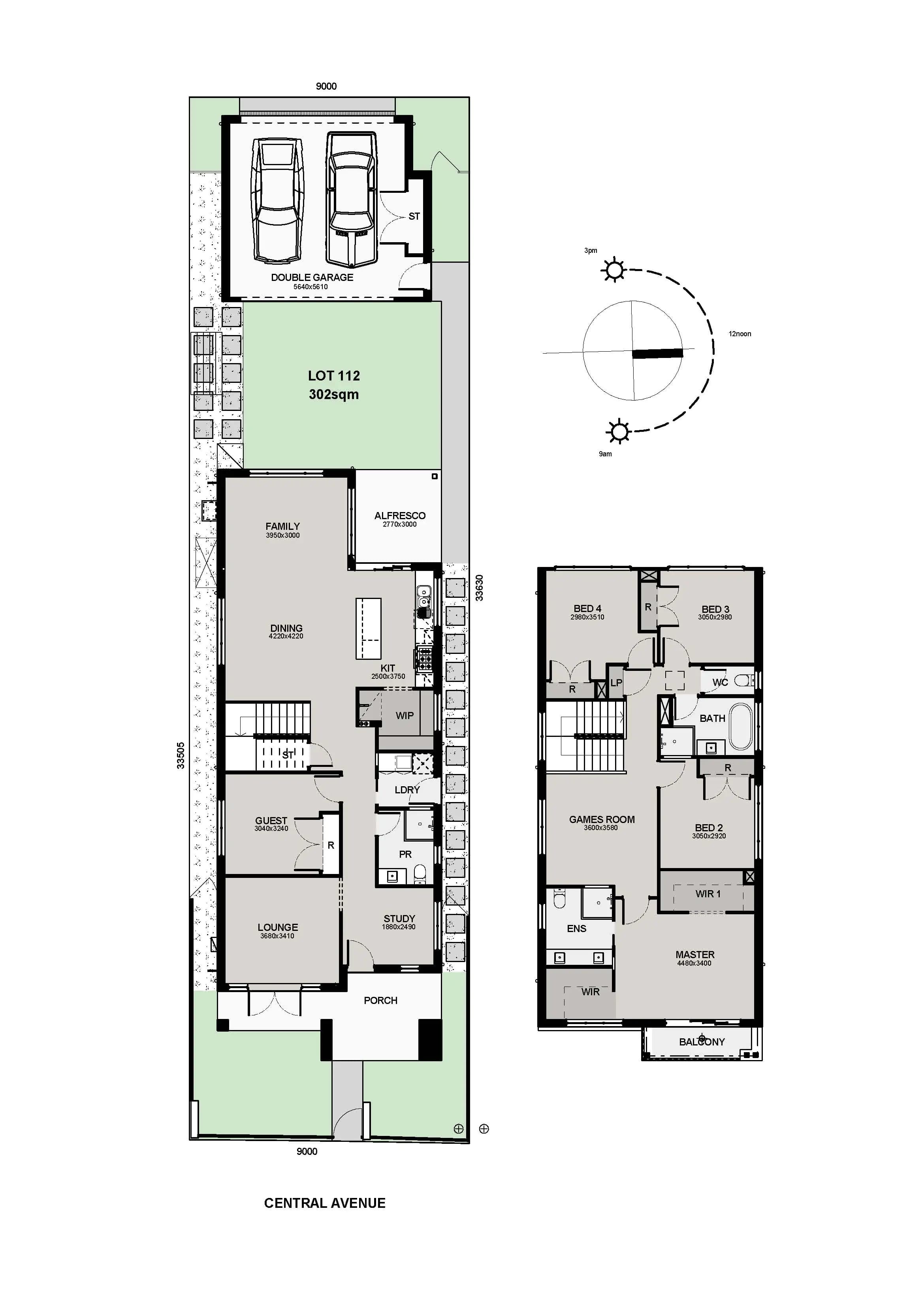 Floor plan of a two-story house with a double garage, multiple living areas, kitchen, dining, patio, four bedrooms, three bathrooms, laundry, study nook, and an upstairs balcony, shown with room labels and dimensions.