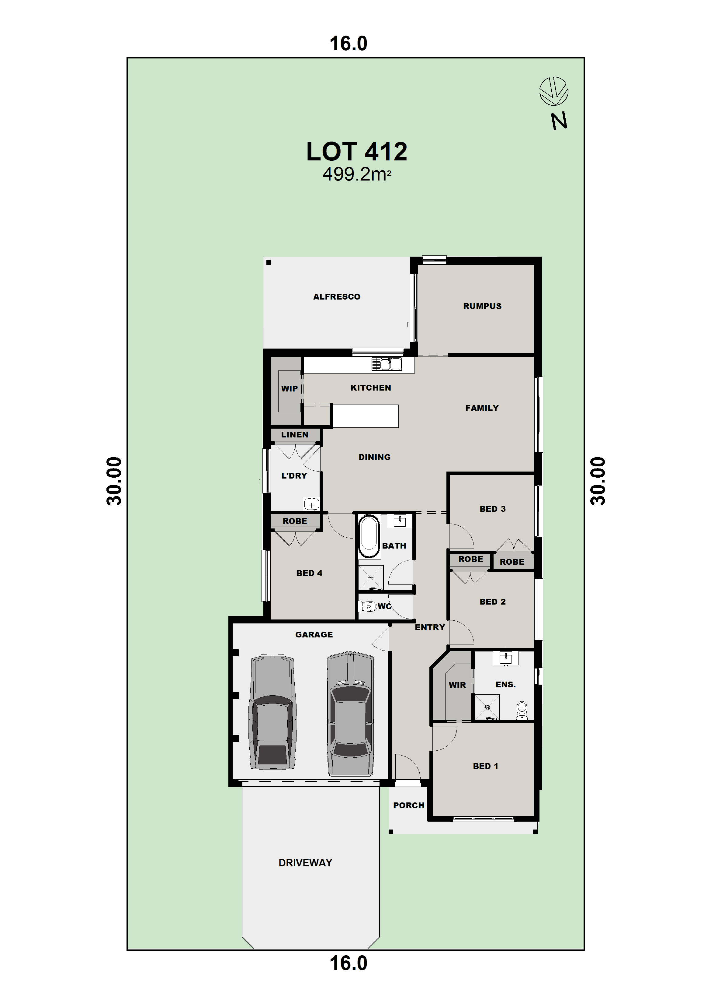 A floor plan of a single-story house on Lot 412, featuring four bedrooms, two bathrooms, a double garage, kitchen, dining, family, rumpus, alfresco area, porch, and driveway on a 499.2m2 lot.
