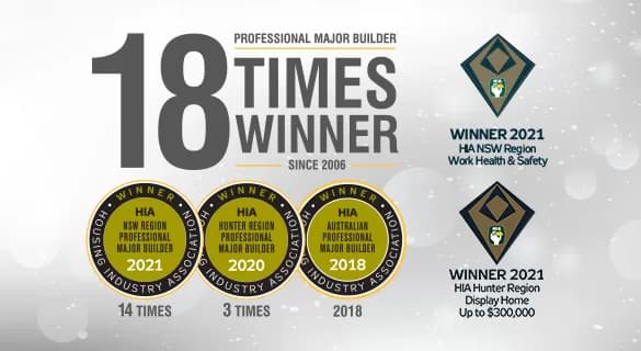 Graphic displaying 18 TIMES WINNER Professional Major Builder Since 2006 with three gold HIA award medallions for 2021, 2020, and 2018, and two diamond-shaped icons for 2021 category wins.