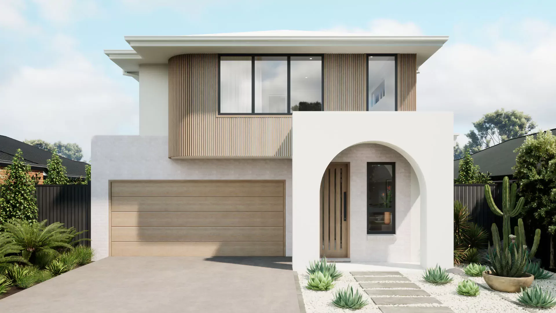 Modern two-story house with wood and white exterior, large upper windows, an arched entryway, wooden front door, double garage, and landscaped front yard with succulents and stepping stones.