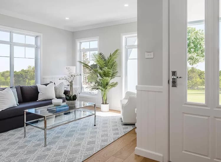 Bright living room with large windows, a gray sofa, glass coffee table with books, a white armchair, green potted plants, and a patterned rug on light wood floors. Sunlight streams in, creating a fresh, airy feel.