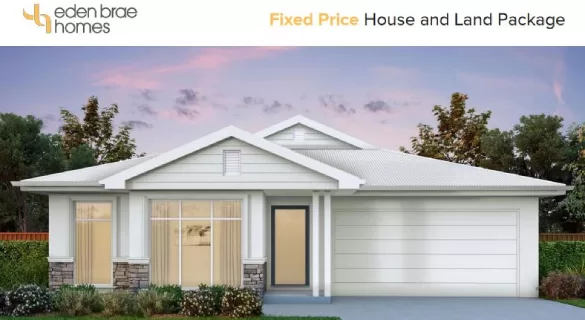 A modern single-story house with a white exterior, large front windows, a double garage, and a landscaped front yard. The image includes the eden brae homes logo and the text Fixed Price House and Land Package at the top.