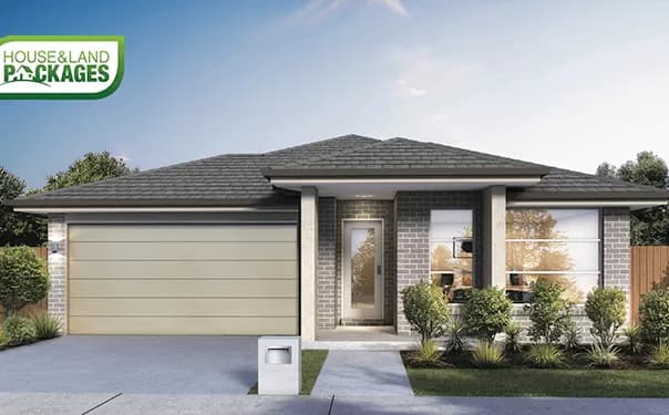 Modern single-story house with a double garage, brick exterior, large windows, and neatly landscaped front yard. A House & Land Packages logo is in the top left corner of the image.