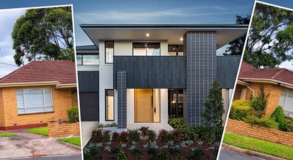 A modern two-story house with dark and light exterior finishes is shown in the center, flanked by two older single-story brick houses with red roofs and lawns on either side. Trees and plants are visible around each house.