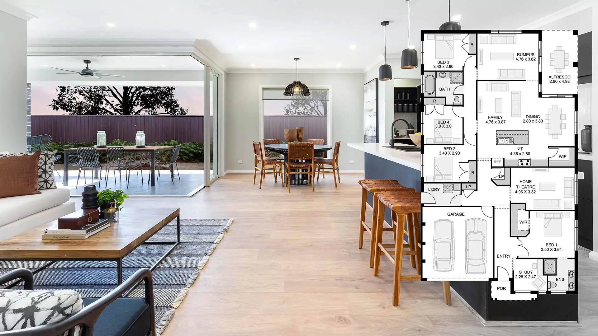 Modern open-plan living and kitchen area with large glass doors opening to an outdoor patio; overlaid is a detailed black and white floor plan showing layout of rooms including bedrooms, garage, and living spaces.