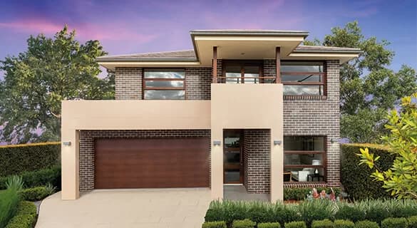 Modern two-story brick house with large windows, a balcony, and a wide wooden garage door, surrounded by neatly trimmed hedges and greenery under a purple and blue sky.